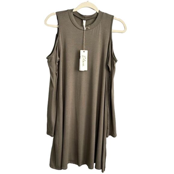 NWT Elan Soma Olive Dress S Cold Shoulder Flounce Relaxed Fit Stretch Casual - Picture 11 of 15